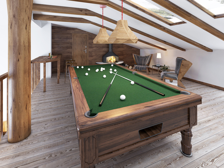 Billiard room in the attic with sitting area and fireplace. Modern billiard room in the loft. Wooden pool table. 3D render.の写真素材