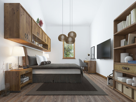 Large bedroom in modern style with elements of a rustic loft. Interesting solution with shelves above the bed and a balcony on the second level with wooden railings. 3D render.の写真素材