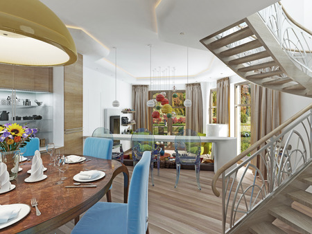 A spiral staircase from the dining room with access to the second floor. 3D render.の写真素材