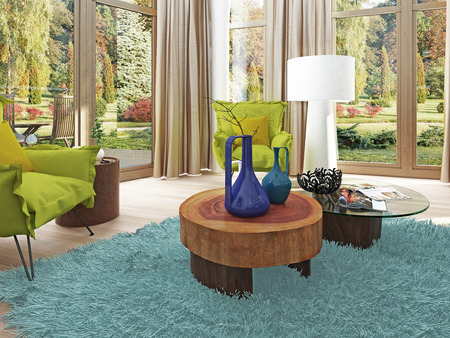 Contemporary living room with a sitting area with two chairs. Comfortable chairs in the style of kitsch green color with a coffee table and floor lamp white. 3D render.の写真素材