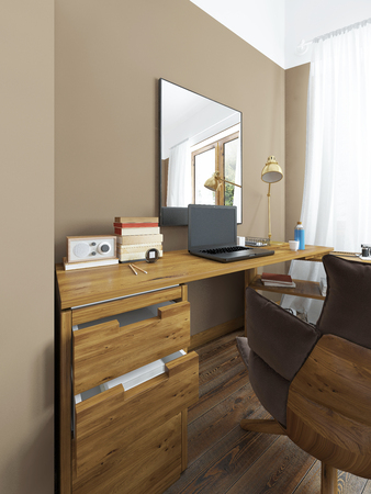 Desk in a modern bedroom, solid wood with an angular attachment. Above the table mirror on the table laptop, books and decor. Comfortable large chair with a soft padded base. Brown, yellow, texture, white. 3D render.の写真素材