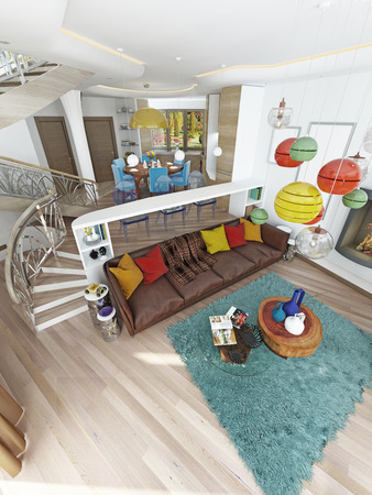 Luxury large living room in the style of kitsch. Contemporary living room with large leather, brown sofa with colorful pillows and two green chairs with a fireplace. 3D render.の写真素材