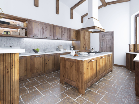 Modern kitchen in the loft style. Kitchen island with a hood over it. Kitchen of fashion solid wood. 3D render.の写真素材