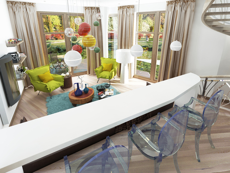 Modern white bar with three transparent chairs. The bar counter in the kitchen-dining room overlooking the living room. 3D render.の写真素材
