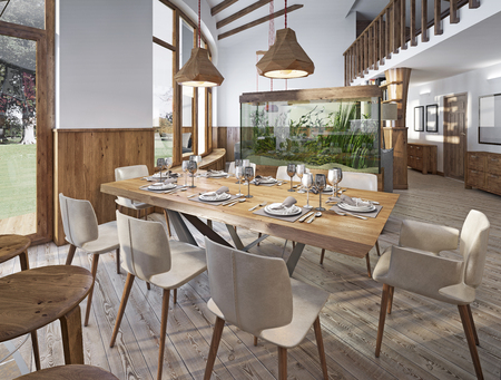 Served table for eight in the dining room in the loft with high ceilings. Dining room with a large aquarium on a high pedestal. 3D render.の写真素材