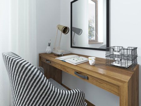 Working space with a desk. Above the table hangs a mirror on the desk working papers and decor. Dressing table in the bedroom in the loft. 3D render.の写真素材
