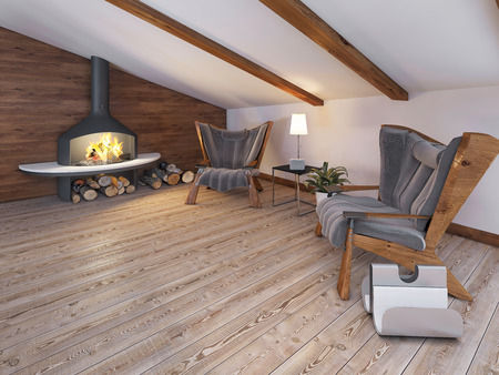 Comfortable seating area of the two chairs by the fireplace in the attic in the loft style. 3D render.の写真素材