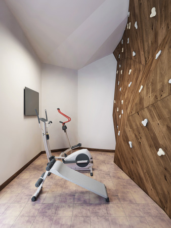 Pool in a private house with gym and climbing wall in the loft style. 3D render.の写真素材