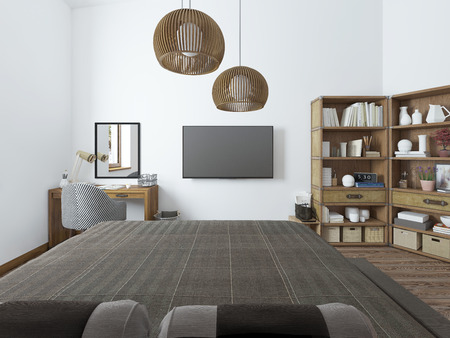 Bedroom with TV desk and shelves for books. Bedroom in modern style with a view of the TV. 3D render.の写真素材