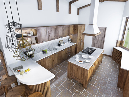 Modern luxury kitchen in a loft style. The design of a large kitchen with an array of light wood. 3D render.の写真素材