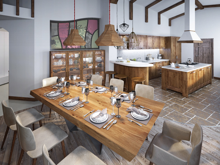 Dining room with large dining table and high ceilings in the loft. Dining smoothly into the kitchen. 3D render.の写真素材
