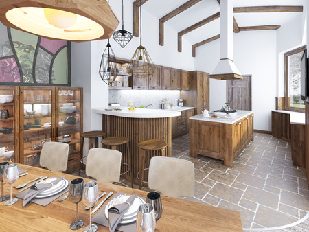 Modern kitchen and dining room in the loft. Kitchen furniture made of solid wood. High ceilings with exposed beams. Ceramic tiles on the floor. Beautifully Serving Table. 3D render.の写真素材