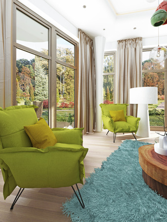 Contemporary living room with a sitting area with two chairs. Comfortable chairs in the style of kitsch green color with a coffee table and floor lamp white. 3D render.の写真素材