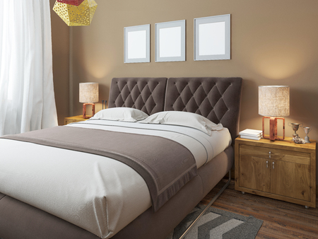 Luxury large modern double bed in the bedroom loft style. Bed linen in white and brown colors. Above the bed three mockup. On the sides are two bedside tables with lamps. 3D render.の写真素材