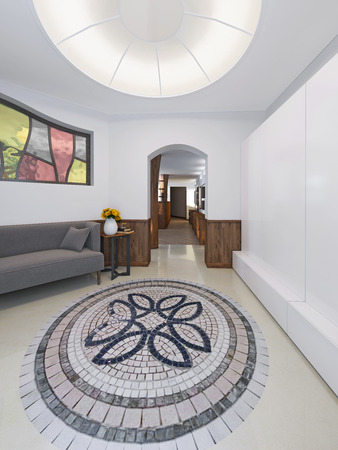 Hall home in a loft style with a high ceiling with lighting. The floor mosaic and marble tiles. Against the wall with a low sofa table. 3D render.の写真素材