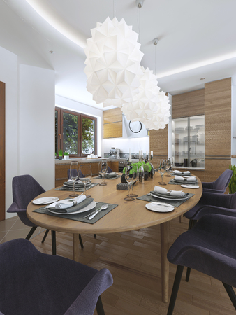 dining kitchen design in a modern style with a dining table and kitchen furniture. Wooden furniture in bright colors, the chairs are upholstered with cloth eggplant color. Beautiful designer chandelier over the table. 3D render.の写真素材