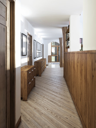 The corridor in a loft-style with wood paneling and paintings on the walls. Against the wall are covered with wooden console patina. 3D render.の写真素材