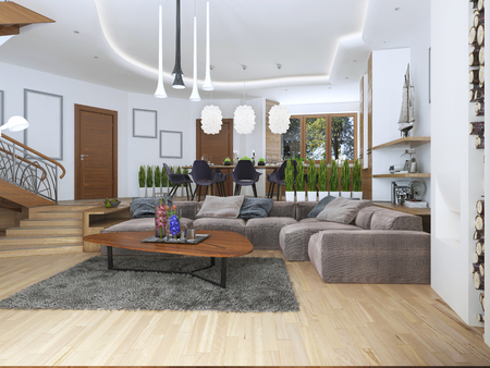 Living room with a large corner sofa from a fabric in a Contemporary style. Design spiral staircase leading to the second floor. Soft armchair with a modern floor lamp and a low table with decor. Large windiws. 3D renderの写真素材