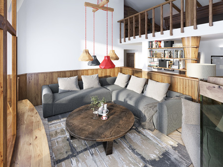 Large corner sofa in the living room luxury loft style, with wood paneled walls and a second level with a handrail. 3D render.の写真素材