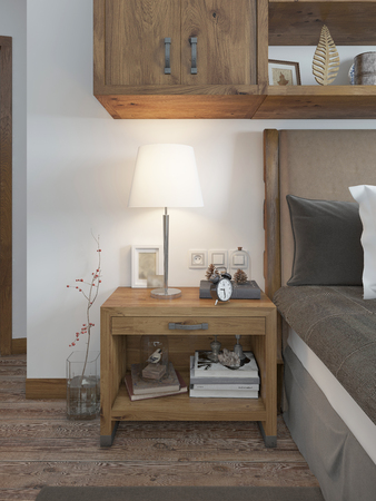 Wooden bedside table with a niche for the decor. Bedside table with lamp and books beside the bed. A bed in a rustic style. 3D render.の写真素材