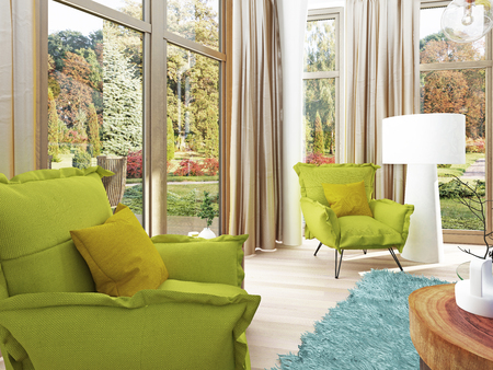 Contemporary living room with a sitting area with two chairs. Comfortable chairs in the style of kitsch green color with a coffee table and floor lamp white. 3D render.の写真素材