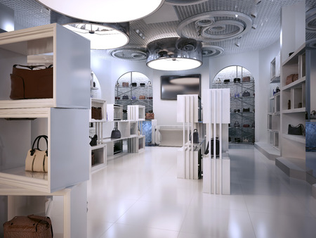 Luxury store interior design art deco style with hints of Contemporary. Interior white store with lots of shelves. Shop for the sale of bags on the shelves of handbags. 3D render.の写真素材