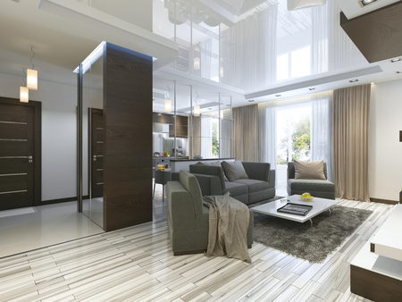 Luxury living room studio in a modern style with comfortable armchairs and a sofa in olive green. Studio apartment with kitchen and living room and a hallway with cloakroom. 3D render.の写真素材