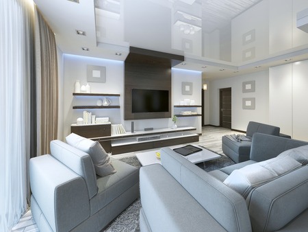 Audio system with TV and shelves in the living room Contemporary style. Wood veneering furniture in brown with decorative panels. 3D render.の写真素材