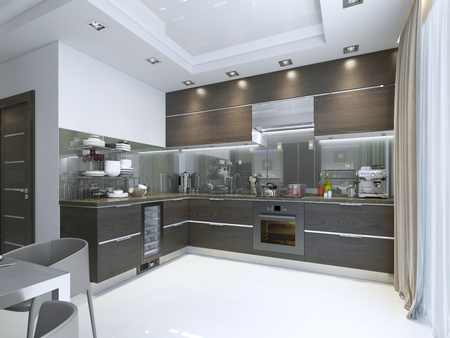 Kitchen Contemporary in brown with white walls and marble floors. 3D render.の写真素材