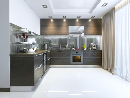 Kitchen-Contemporary in brown with white walls and marble floors. 3D render.の写真素材