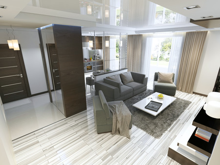 Luxury living room studio in a modern style with comfortable armchairs and a sofa in olive green. Studio apartment with kitchen and living room and a hallway with cloakroom. 3D render.の写真素材