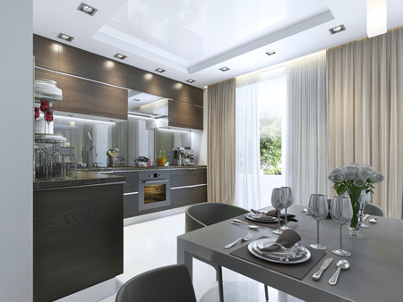 Kitchen Contemporary in brown with white walls and marble floors. 3D render.の写真素材