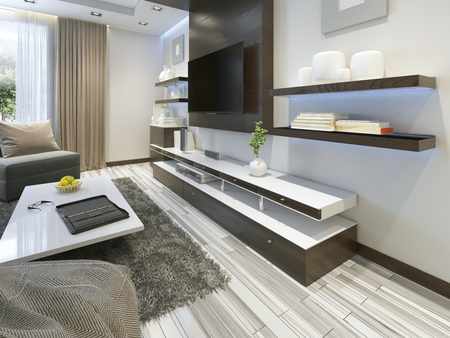 Audio system with TV and shelves in the living room Contemporary style. Wood veneering furniture in brown with decorative panels. 3D render.の写真素材