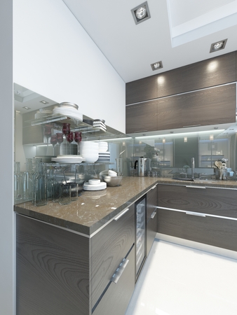 Kitchen-Contemporary in brown with white walls and marble floors. 3D render.の写真素材