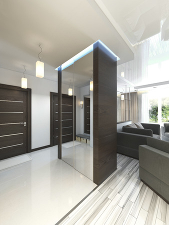 Hall with a corridor in Contemporary style with a wardrobe and a sliding wardrobe. 3D render.の写真素材