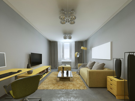 Design modern living room in grey and yellow colors. 3D render.の写真素材