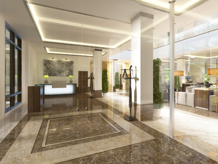 Modern design lobby with reception area and decorative statues. 3D render.