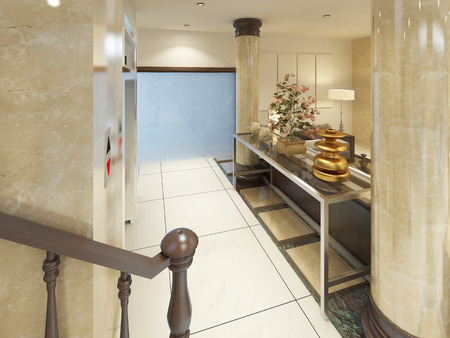The designer console, glass and steel with the interior decoration in the Spa complex. 3D render.の写真素材