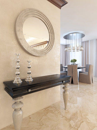 Console with mirror on the wall in the dining area, in the style of art Deco. Designer console with black glossy countertop and white legs. 3D render.の写真素材