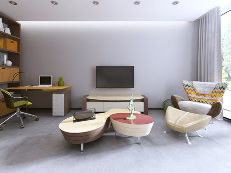 TV unit in a contemporary living room with work space and a large lounge chair. 3D render.の写真素材