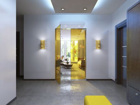Modern lobby hallway in the contemporary style. Brown furniture, glass interior doors are yellow. 3D render.の写真素材