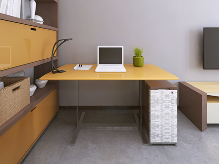 Desk and chair in modern living room. Workspace. Furniture yellow and brown colors. 3D render.の写真素材