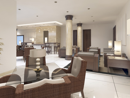 Modern design Breakfast room with rattan furniture and glass tables. 3D render.の写真素材