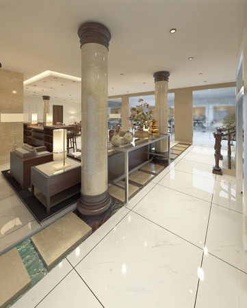 The entrance to the lobby is the resort's luxury Spa. The bright interior is made of expensive material and marble tops. 3D render.の写真素材