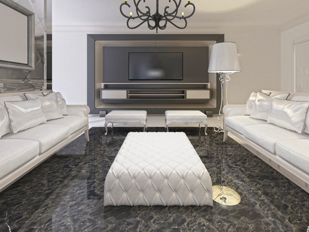 White luxury living room interior and black storage TV in a decorative frame. The living room has an art Deco style with elements of classics. 3D render.の写真素材