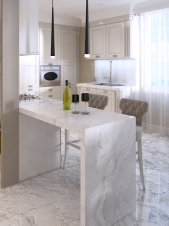 Bar counter with bar chairs in luxurious kitchen in the style of art Deco in white. 3D render.の写真素材