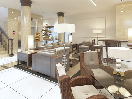 The lounge area in the premises of the Spa hotel. Soft and comfortable chairs with glass tables. 3D render.の写真素材
