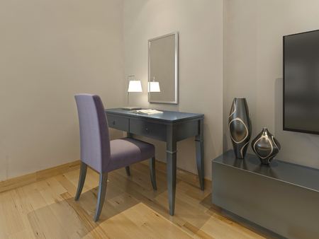 Dressing table with chair and mirror in modern hotel room. 3D render.の写真素材