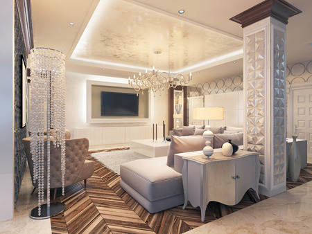 Modern living room in white colors with integrated storage for the TV. Large corner sofa and white coffee table. 3D render.の写真素材