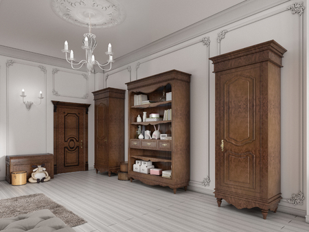 Two classic wardrobe and shelving brown colors with books and decor. The furniture in the nursery. 3D render.の写真素材